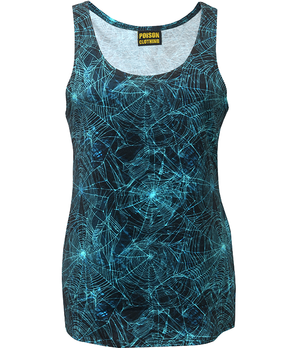 Blue cobweb women’s tank top, sleeveless gothic punk clothing handmade in the UK by Poison Clothing.
