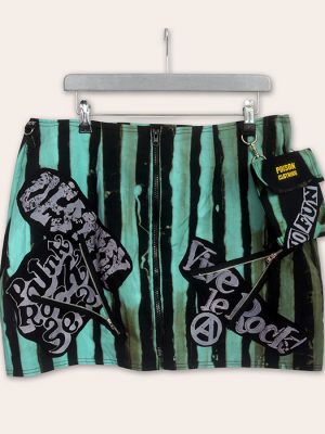 Turquoise and black UK-made Seditionaries-inspired punk mini skirt with bold patches, zips and detachable pocket.