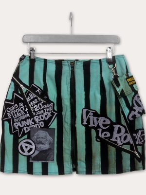 Turquoise and black striped Seditionaries-inspired punk mini skirt with Vive Le Rock patches, Karl graphic, Destroy slogan, Durutti quote and detachable pocket, made in the UK.