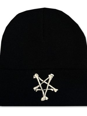 Black knitted gothic beanie hat with wide folded cuff featuring an off-white embroidered inverted pentagram made from five overlapping bones.