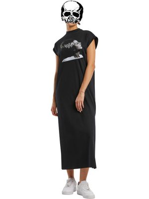 Black long T-shirt maxi dress with cap sleeves and a Bride of Frankenstein gothic horror portrait printed across the chest.
