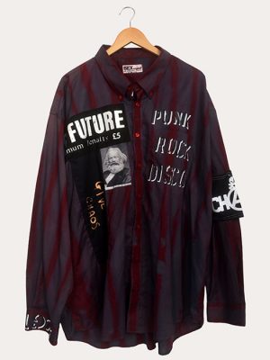 Men’s burgundy Seditionaries reproduction shirt with striped fabric, graphic text panels, and long sleeve button-up design
