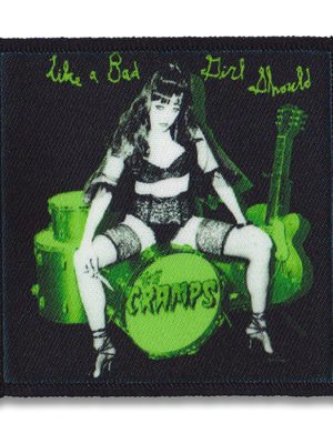 Cramps Bad Girl Green sew-on patch featuring a vintage pin-up on a drum kit in green and black.