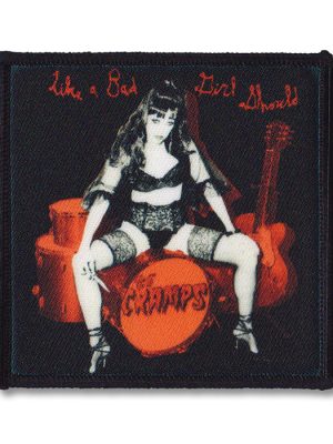 Cramps Bad Girl Red sew-on patch with a vintage pin-up on a drum kit in bold red and black.