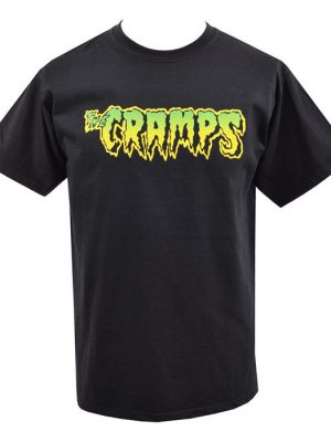 Black T-shirt featuring The Cramps logo in neon green and yellow slime-drip lettering across the chest. Bold, simple, and unmistakably psychobilly.