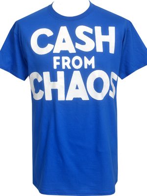 Blue men's punk T-shirt with oversized white Cash From Chaos slogan printed across the front.