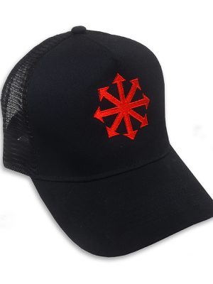 Black punk trucker cap with red embroidered Chaos Star symbol and black mesh back.