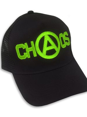 Black trucker cap with neon green embroidered CHAOS logo featuring an anarchy “A” symbol on the front.
