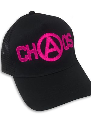 Black trucker cap with hot pink embroidered CHAOS logo featuring an anarchy “A” symbol on the front.