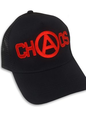 Black mesh trucker cap with red embroidered CHAOS logo featuring the anarchy symbol for “A”.