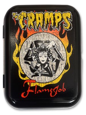 Black tin featuring The Cramps Flamejob artwork with flaming background and psychobilly pin-up design.