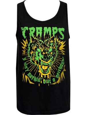 Black Cramps Gorehound tank top featuring green and yellow werewolf artwork by Chris Sick with punk and psychobilly horror aesthetics.