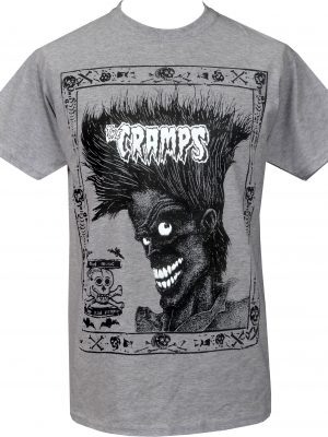 Men’s light grey T-shirt with bold black psychobilly artwork, wild quiffed character, The Cramps logo, and “Bad Music for Bad People” skull detail.