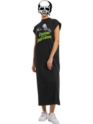 Black long T-shirt maxi dress with cap sleeves and a Creature from the Black Lagoon horror graphic with green text printed across the chest.