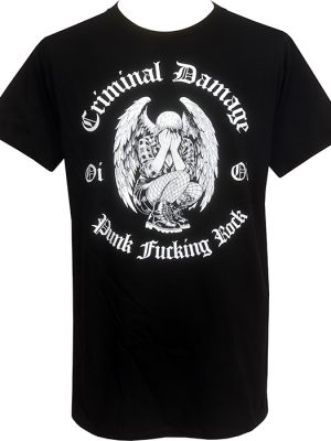 Black Criminal Damage men’s T-shirt with large white winged skeleton Punk Fucking Rock graphic and gothic lettering.