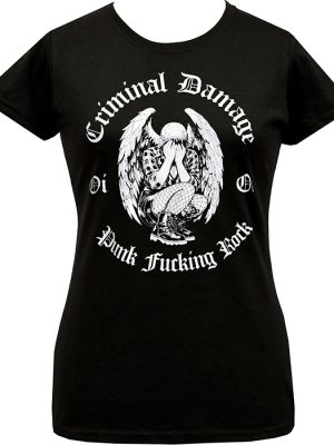 Women’s fitted black Criminal Damage T-shirt with white winged skeleton Punk Fucking Rock graphic and gothic lettering.