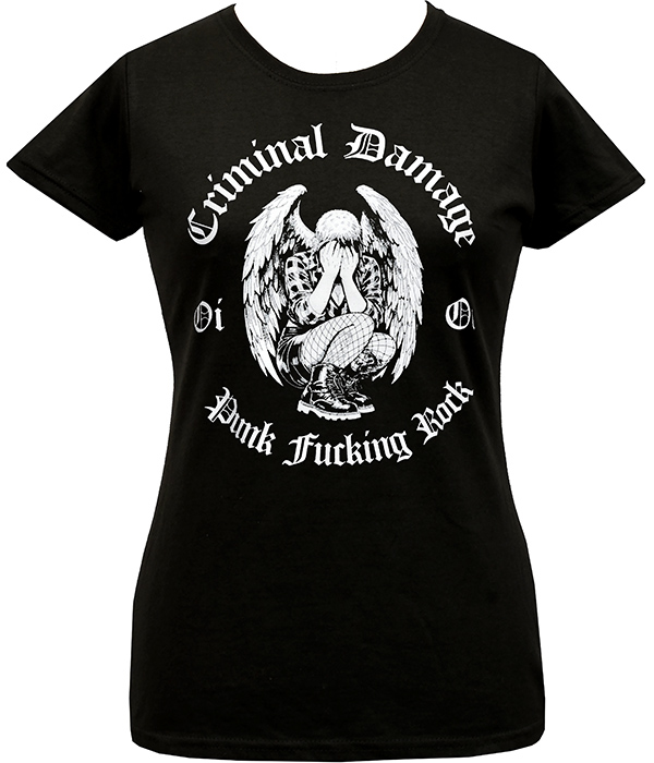 Women’s fitted black Criminal Damage T-shirt with white winged skeleton Punk Fucking Rock graphic and gothic lettering.