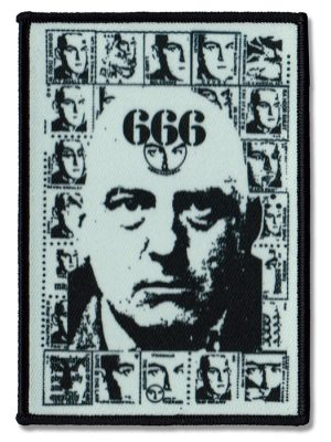 Black and white Aleister Crowley sew-on patch featuring a high-contrast portrait sourced from a Psychic TV fanzine, bordered in black.
