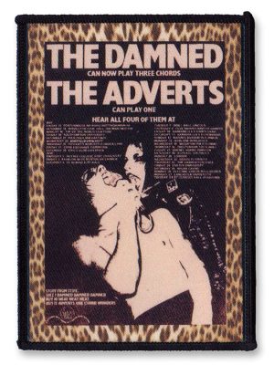 The Damned The Adverts punk sew-on patch featuring a vintage gig flyer design with a leopard-print border.
