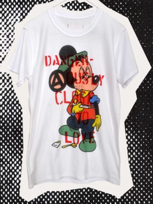 White men's Seditionaries style punk T-shirt featuring colourful cartoon artwork overlaid with red Dangerously Close to Love stencil lettering.