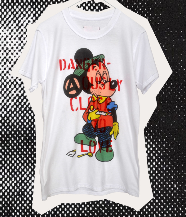 White men's Seditionaries style punk T-shirt featuring colourful cartoon artwork overlaid with red Dangerously Close to Love stencil lettering.
