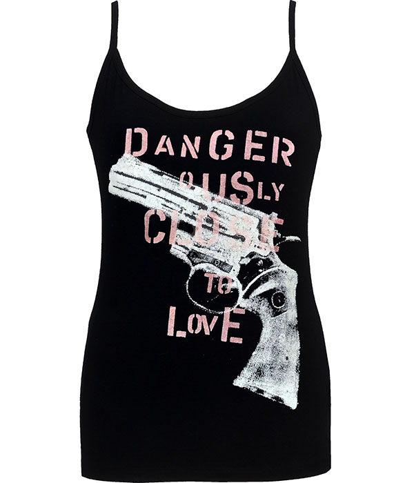 Women’s black strappy top with white revolver graphic and pink stencil text reading “Dangerously Close to Love” in punk Seditionaries style.