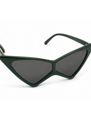 Dark green extreme cat eye sunglasses with dark lenses and dramatic pointed frames