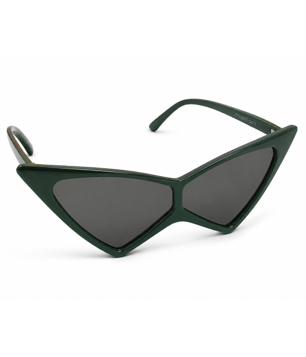 Dark green extreme cat eye sunglasses with dark lenses and dramatic pointed frames