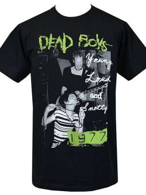 Black men's punk t-shirt featuring a vintage photo of the Dead Boys live with green “Dead Boys” text, “Young Loud and Snotty” slogan, and 1977 in bold letters.