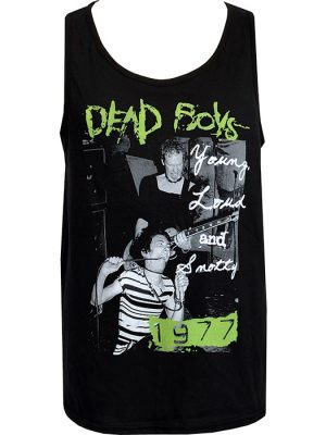 Men’s black punk tank top featuring a vintage Dead Boys live photo with green band logo, white “Young Loud and Snotty” text, and 1977 graphic at the bottom.