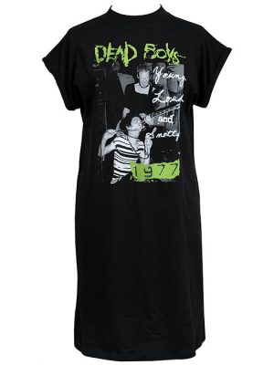 Black women’s punk t-shirt dress featuring a live photo of the Dead Boys, green band logo, white “Young Loud and Snotty” text, and bold 1977 graphic.
