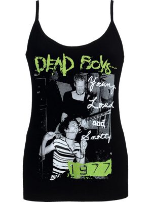 Women’s black strappy punk tank top featuring a Dead Boys live gig photo, neon green band logo, handwritten Young Loud and Snotty text, and bold 1977 graphic.