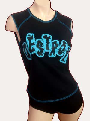 Black woman’s sleeveless babydoll tank top with blue overlocked stitching and blue Destroy stencilled appliqué lettering across the front.