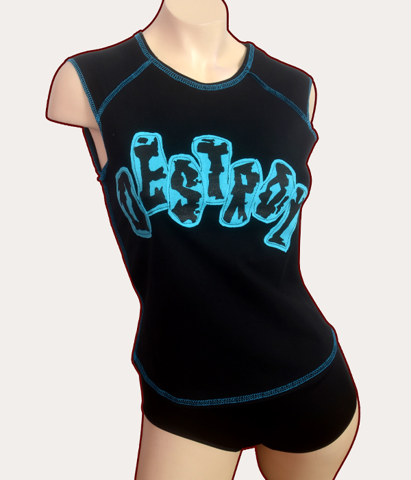 Black woman’s sleeveless babydoll tank top with blue overlocked stitching and blue Destroy stencilled appliqué lettering across the front.