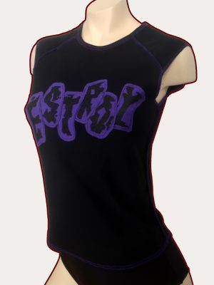 Black woman’s sleeveless babydoll tank top with purple overlocked stitching and purple Destroy stencilled appliqué lettering across the front.