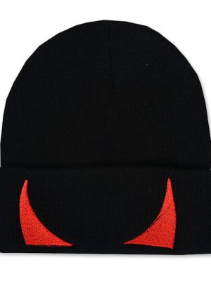Black knitted beanie hat with wide folded cuff featuring two bright red embroidered devil horns curving upwards on either side of the front.