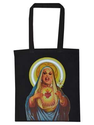 Black tote bag featuring Divine styled as a sacred holy mother with glowing heart and halo artwork in vibrant colours.