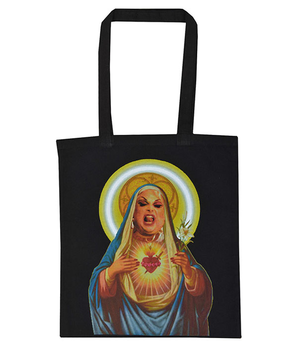 Black tote bag featuring Divine styled as a sacred holy mother with glowing heart and halo artwork in vibrant colours.