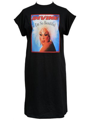 Black women’s t-shirt dress with a bold colour print of Divine and the text “I’m So Beautiful” in red and blue.