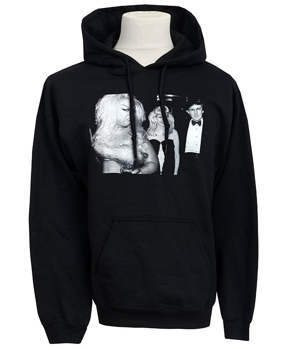 Black Divine Trump Unisex Hoodie showing Divine glaring at Trump and a blonde woman in a monochrome print on the chest.