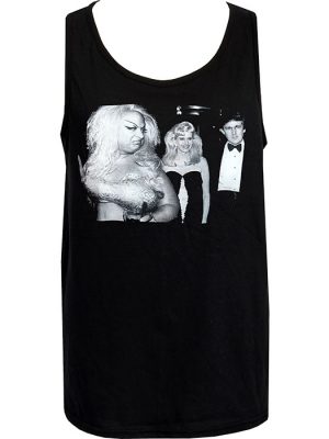 Black Divine Trump Men’s Tank Top showing Divine glaring at Trump and a blonde woman in a monochrome graphic print.