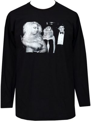 Black Divine Trump Men’s Long Sleeve T-Shirt featuring Divine glaring at Trump and a blonde woman in monochrome print.