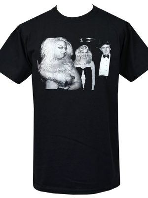 Black Divine Trump Men’s T-Shirt showing Divine glaring at Trump and a blonde woman, printed in monochrome on cotton.