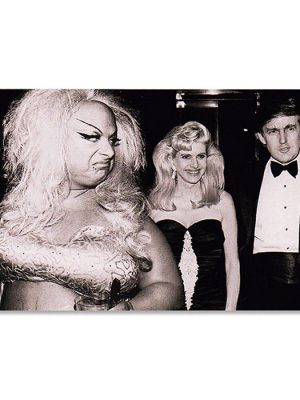 Black and white Divine Trump sticker featuring a candid vintage-style photo with bold underground glam and punk attitude.