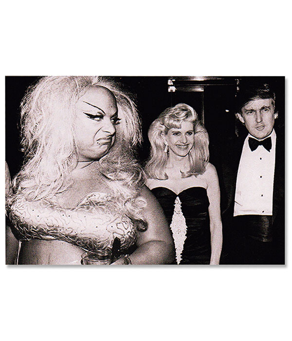 Black and white Divine Trump sticker featuring a candid vintage-style photo with bold underground glam and punk attitude.
