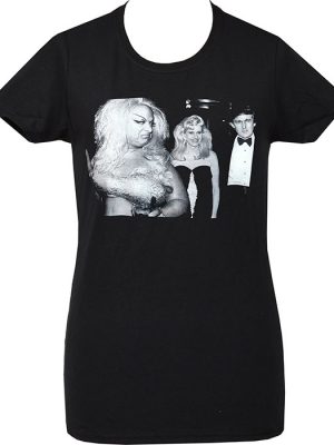 Black Divine Trump Women’s T-Shirt featuring Divine glaring at Trump and a blonde woman in monochrome print.