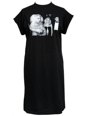 Black Divine Trump Women’s T-Shirt Dress featuring Divine glaring at Trump and a blonde woman in a monochrome print.
