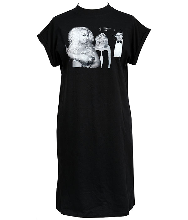 Black Divine Trump Women’s T-Shirt Dress featuring Divine glaring at Trump and a blonde woman in a monochrome print.