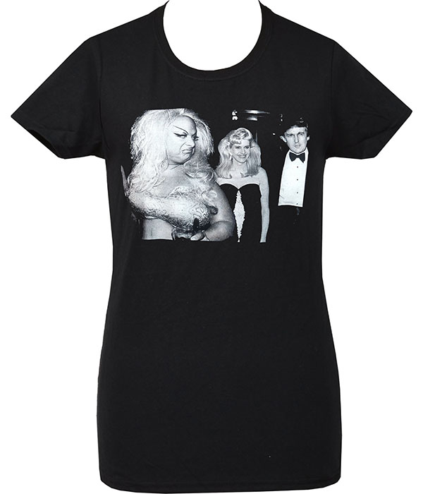 Black Divine Trump Women’s T-Shirt featuring Divine glaring at Trump and a blonde woman in monochrome print.