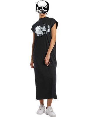 Black long T-shirt dress with cap sleeves and a black-and-white photo style graphic printed across the chest.